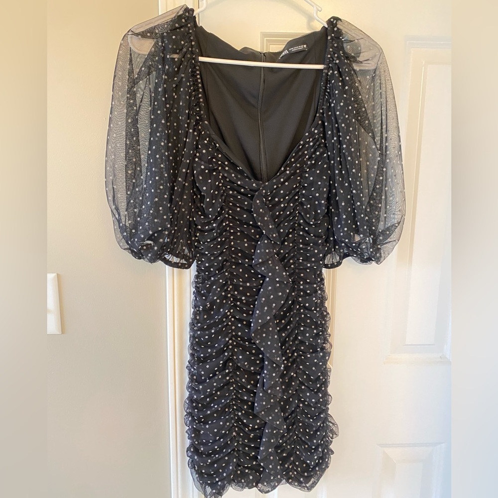 Zara Black Mini Dress with White Polka Dots